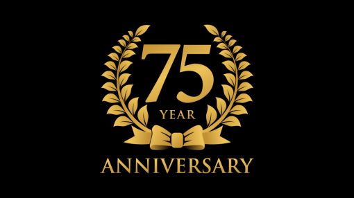 75 year anniversary gold text with gold wreath.